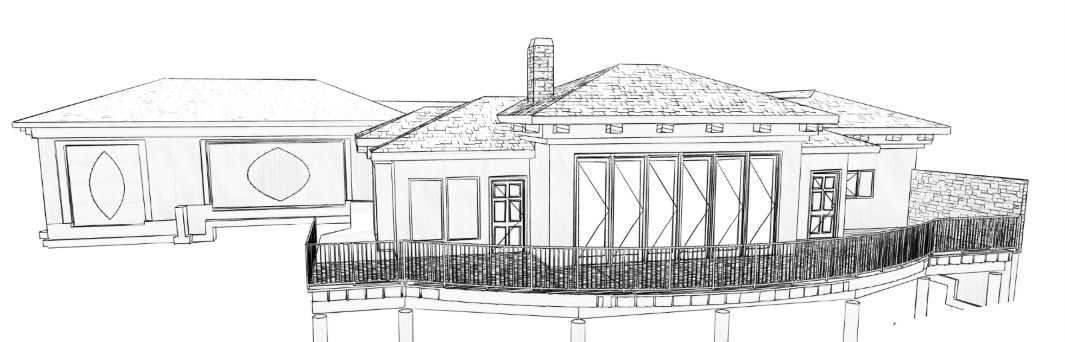 Sketch-style line drawing of a hip-roof home with a curved deck